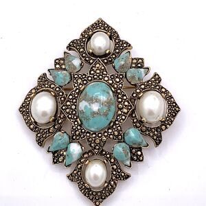 Sarah Coventry Remembrance Brooch / Pendant Turquoise & Faux Pearls Cabochon